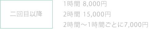 二回目以降　1時間 8,000円
2時間 15,000円
2時間〜1時間ごとに7,000円